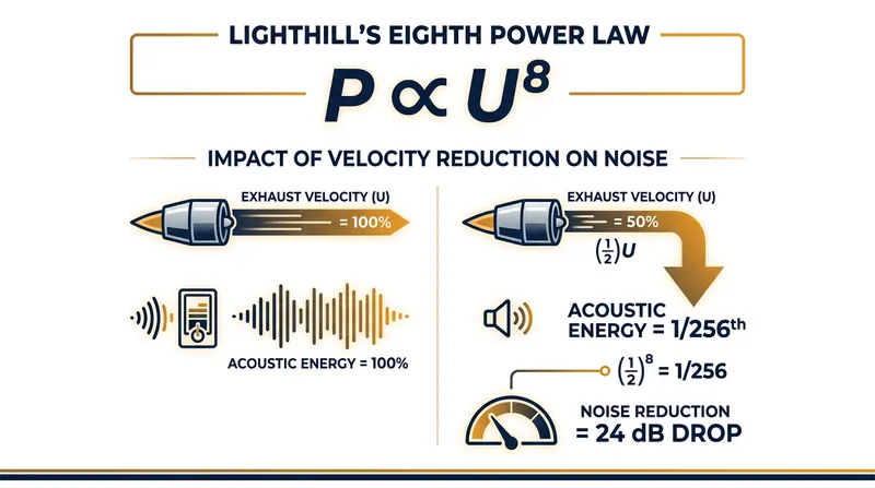 Lighthill's eighth-power law dictates that acoustic power scales exponentially with exhaust velocity, making velocity reduction the only viable noise defense.