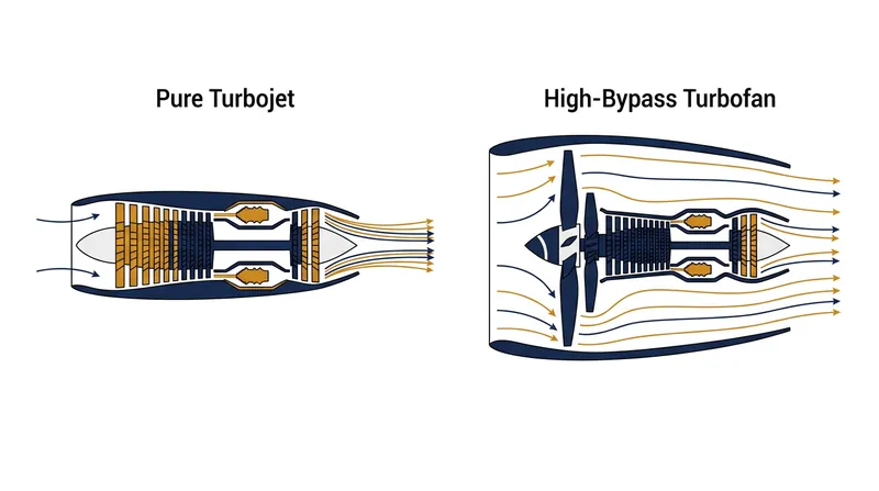 A high-bypass turbofan surrounds the hot, fast-moving core exhaust with a protective sheath of slower, colder bypass air, suppressing turbulent mixing.