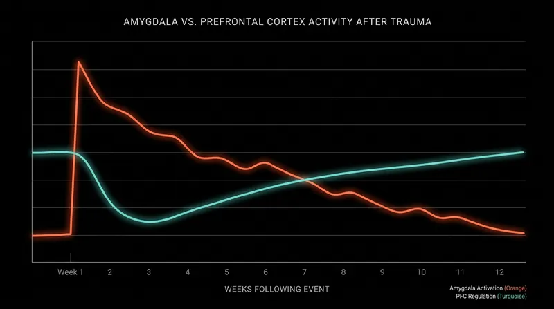 The amygdala remains highly sensitized in the days immediately following a trauma, temporarily suppressing the prefrontal cortex's ability to regulate emotion.