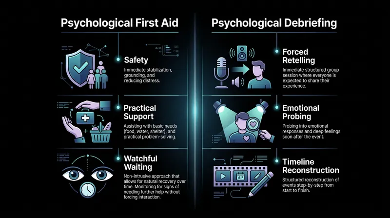 Clinical consensus has shifted away from debriefing models in favor of Psychological First Aid.