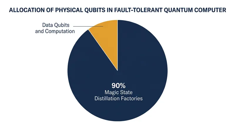 In many proposed architectures, magic state distillation factories consume up to 90 percent of the total physical qubit budget.