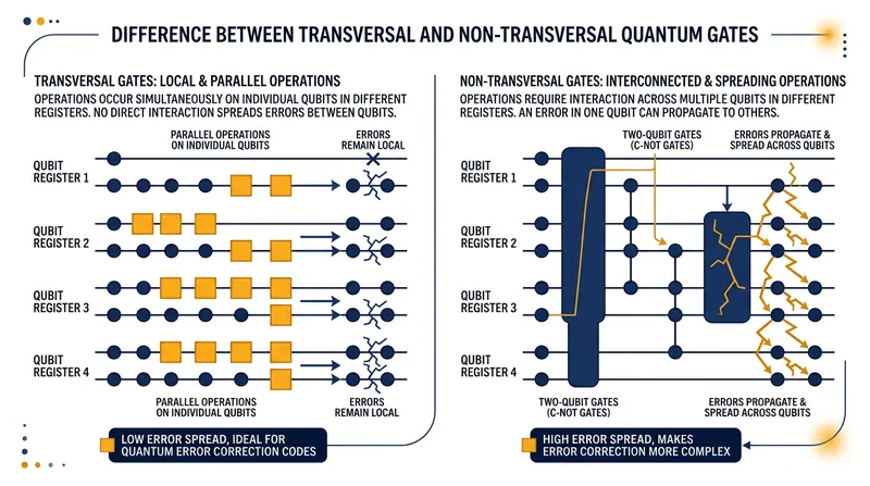 Transversal gates apply operations independently to physical qubits, preventing a single error from cascading across the logical state.