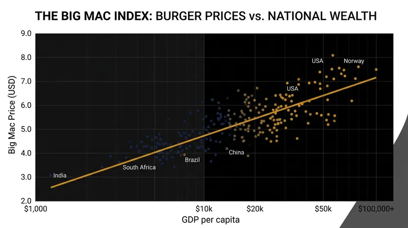 The GDP-adjusted index plots expected burger prices based on a country's income level.