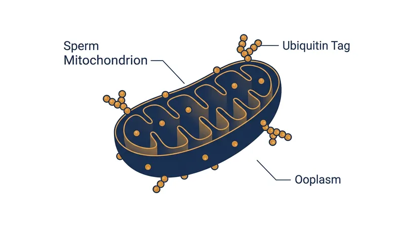 The egg attaches ubiquitin tags exclusively to the sperm's mitochondria, marking them for destruction.