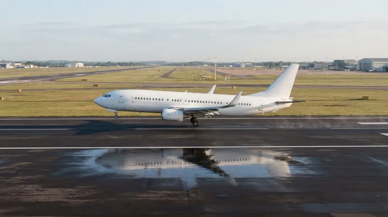 A commercial airliner flaring over a concrete runway, with heat blur trailing from the engines.