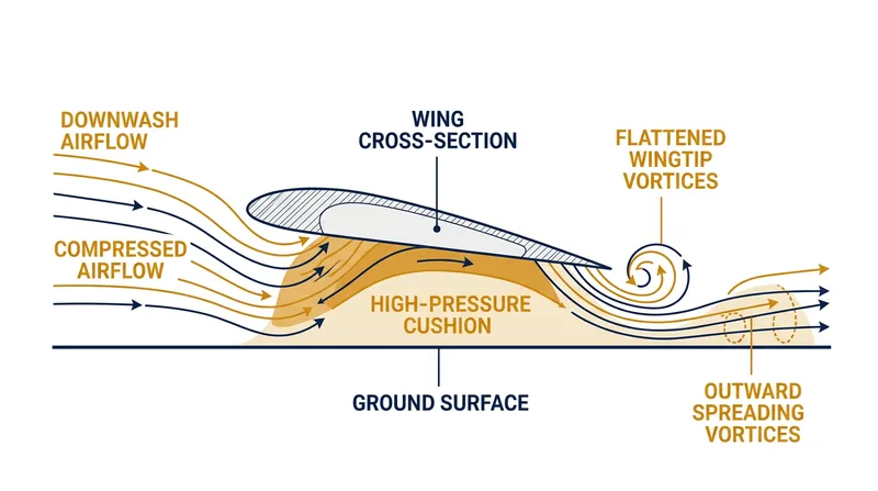 The runway physically blocks the downwash, preventing the formation of full wingtip vortices.