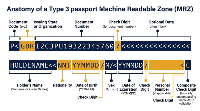 Every numeric field in the MRZ is followed by a check digit to ensure internal consistency.