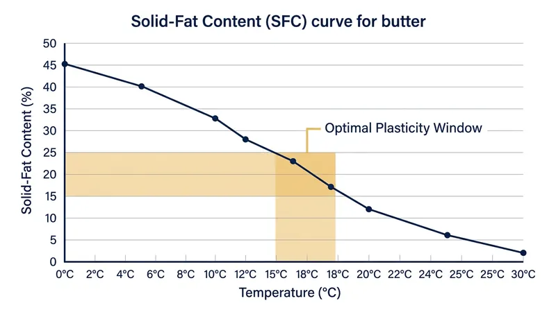 Butter only possesses the plasticity required for lamination when its solid-fat content sits between 15 and 25 percent.