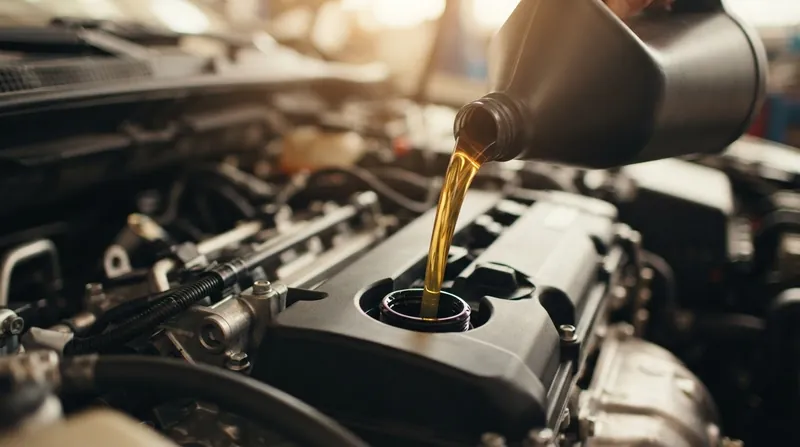 Close-up view of golden motor oil being poured into the filler neck of a vehicle engine.