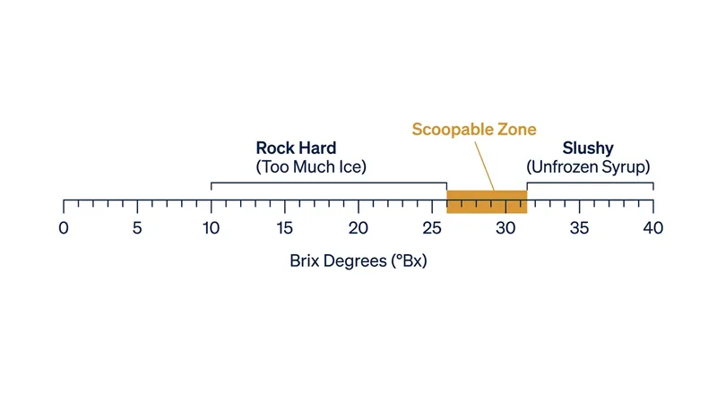 The 28 to 32 Brix window ensures exactly enough water freezes to provide structure without turning the dessert solid.