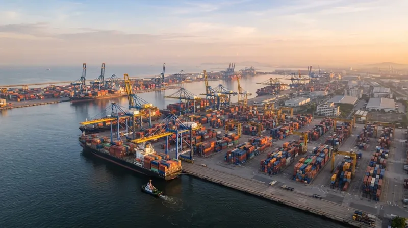 Wide view of a bustling Asian shipping port at dawn with cargo ships and cranes