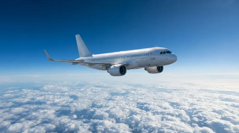 A modern commercial airliner flying high above a layer of white clouds against a dark blue sky.