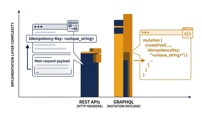 GraphQL architectures often move idempotency tracking from HTTP headers into the mutation payload itself.