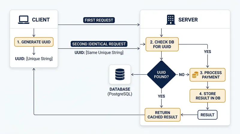 The lifecycle of an idempotent API request during a network retry.