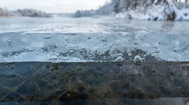 Illustration: Hydrogen bonds force freezing water molecules into an open hexagonal lattice, creating empty space that lowers the solid's density.