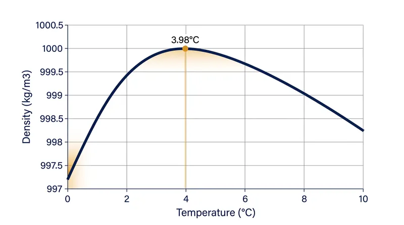Water reaches its absolute maximum density at 3.98 degrees Celsius before expanding as it cools toward freezing.