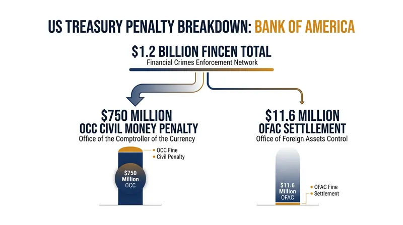 The enforcement action spans multiple Treasury Department agencies, including FinCEN, the OCC, and OFAC.