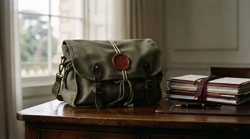 A heavy canvas diplomatic pouch secured with thick red wax seals and a padlock on a table.