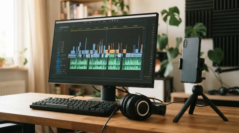 A close-up of a video editing software timeline showing an audio clip being sliced and moved.