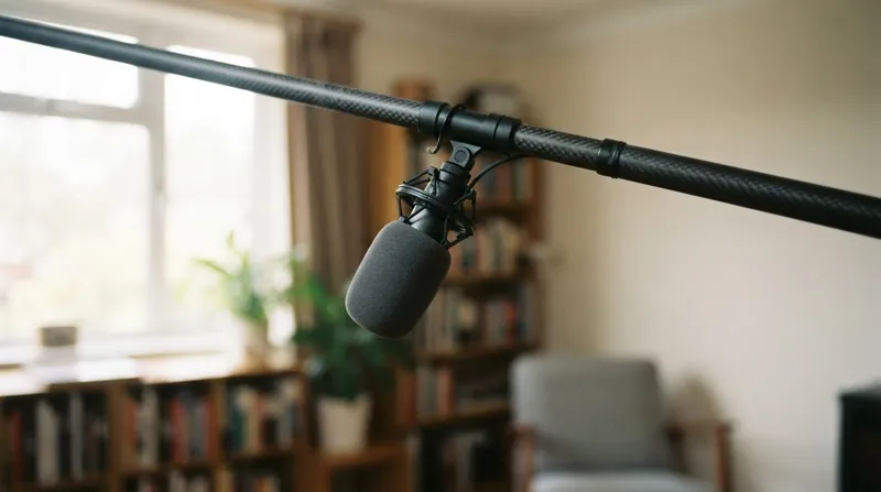 A sound operator holds a boom pole with a hypercardioid microphone overhead in an indoor room.