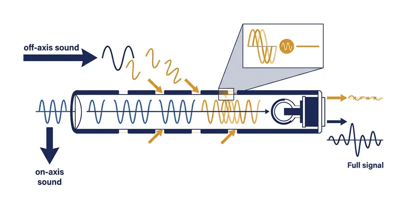An interference tube delays off-axis sound waves to cancel them out, a mechanism that fails when exposed to rapid indoor reflections.