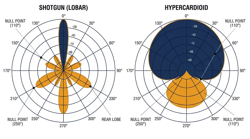 A hypercardioid microphone rejects sound from the sides but retains a small rear lobe of sensitivity that operators must manage.