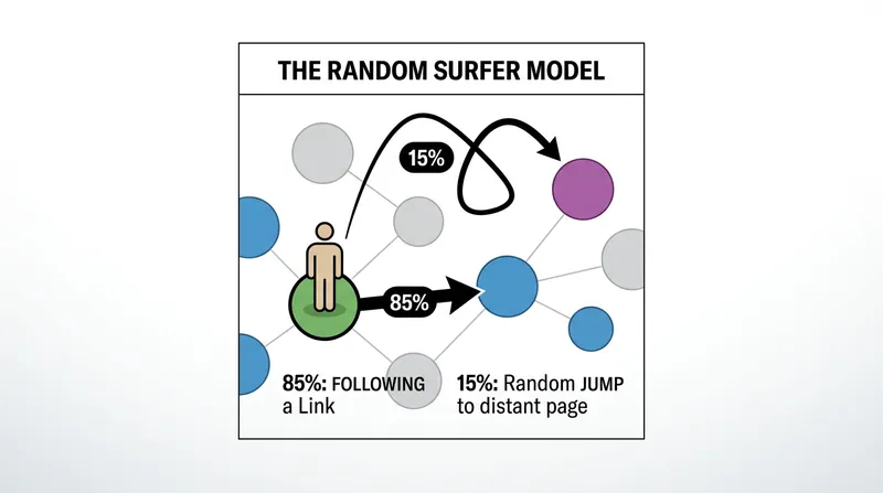 The random surfer escapes dead ends by teleporting to a new page 15 percent of the time.