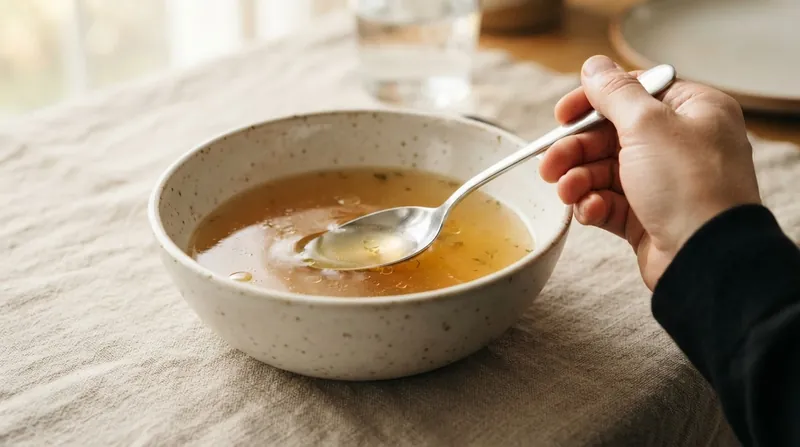 A silver soup spoon resting on the far rim of a white porcelain bowl filled with broth.