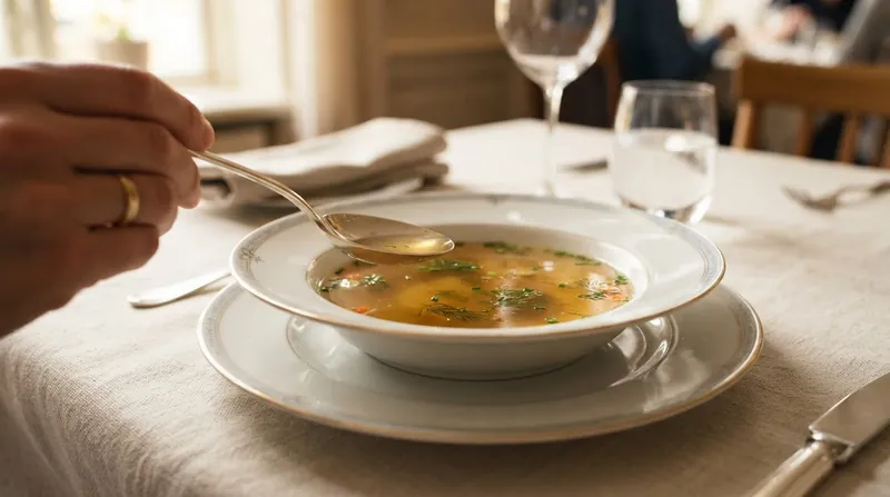 Illustration: Pushing the spoon outward naturally brings its underside into contact with the far rim, breaking the liquid's surface tension.