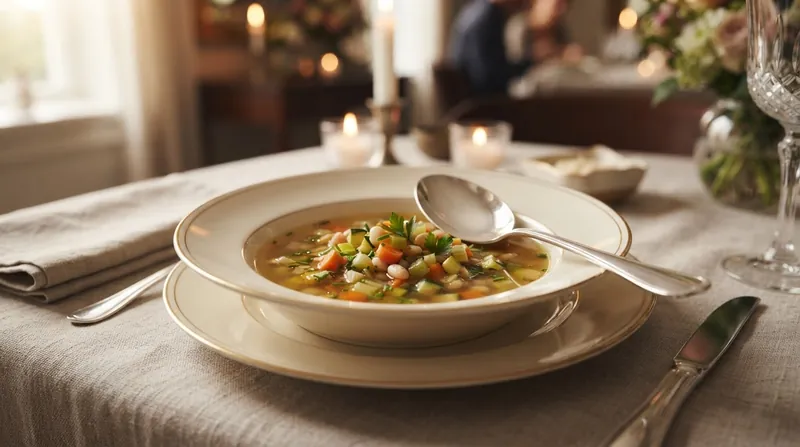 Illustration: When resting between bites, etiquette dictates leaving the spoon inside the bowl at the 5:25 clock position.