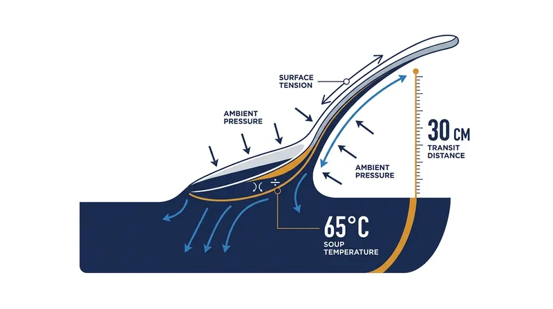 The Coanda effect causes fluids to adhere to the curved underside of a spoon, creating a hidden droplet that threatens clothing during transit.