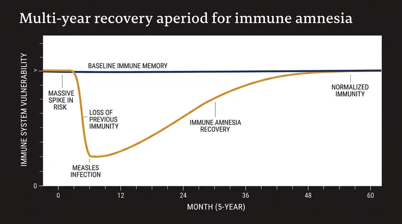 It takes an average of 27 months, and up to five years, for the immune system to fully regenerate its protective memory after a measles infection.