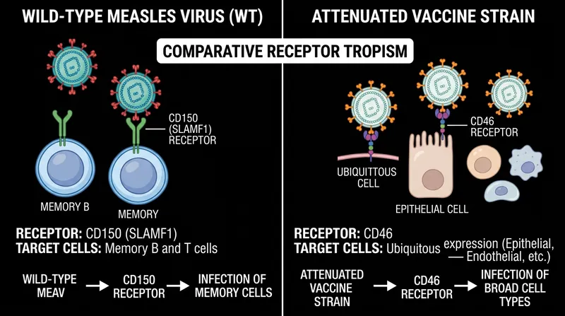Unlike the wild-type virus, the attenuated vaccine strain utilizes different cellular receptors, allowing it to build immunity without destroying memory lymphocytes.