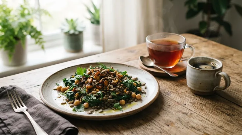 A cup of black coffee placed next to a plate of leafy greens and lentils.