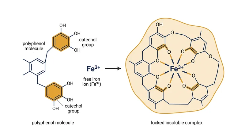 Polyphenols feature molecular structures that act like claws, neutralizing iron's electrical charge and locking it into an unabsorbable complex.