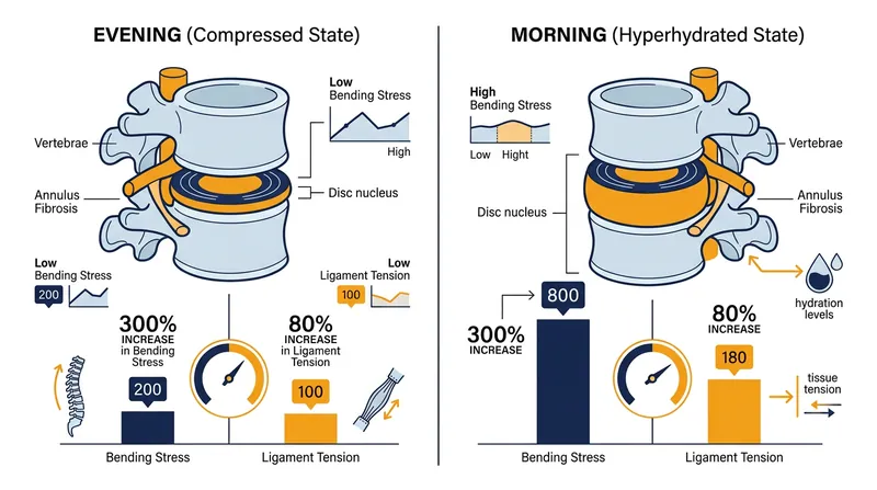 Overnight hydration leaves the intervertebral discs highly pressurized, multiplying the mechanical stress of a forward bend.