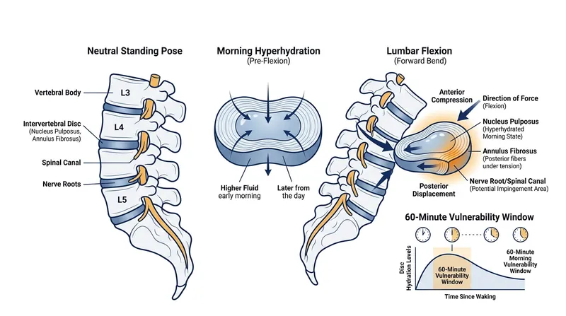 A swollen morning disc restricts the spine's normal range of motion by five to six degrees.