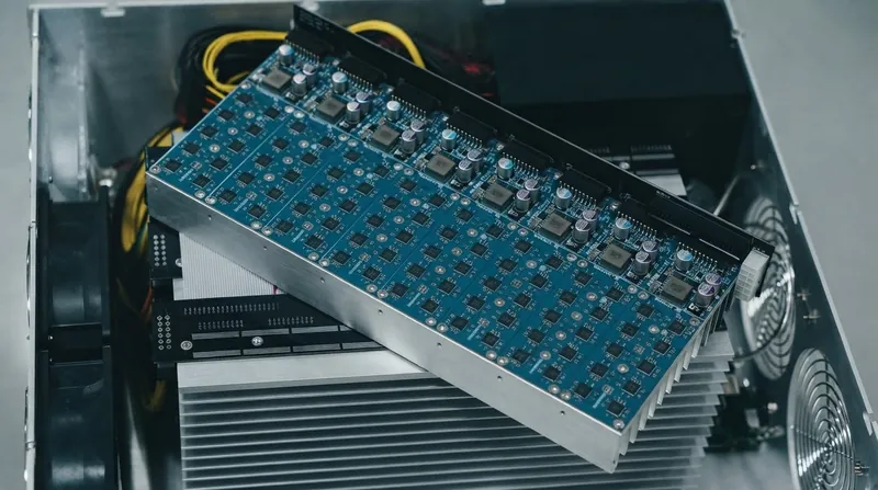 Rows of illuminated ASIC mining rigs on industrial racks inside a large concrete warehouse facility.