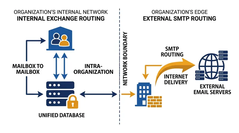 Internal messages remain within a unified database, while external messages cross a strict network boundary.
