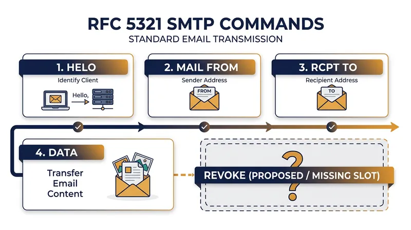 The foundational SMTP standard lacks any command for revoking or deleting transmitted data.