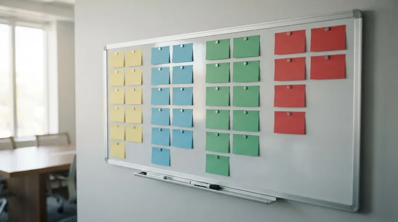 A software development team collaborating around a whiteboard covered in yellow, blue, green, and red sticky notes.