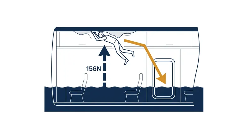 Because emergency exits are located lower on the fuselage wall, passengers pinned against the ceiling by inflated vests cannot swim down to escape.