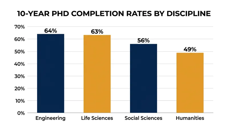 Completion rates vary significantly by discipline, with structured STEM laboratories retaining more students than isolated humanities programs.