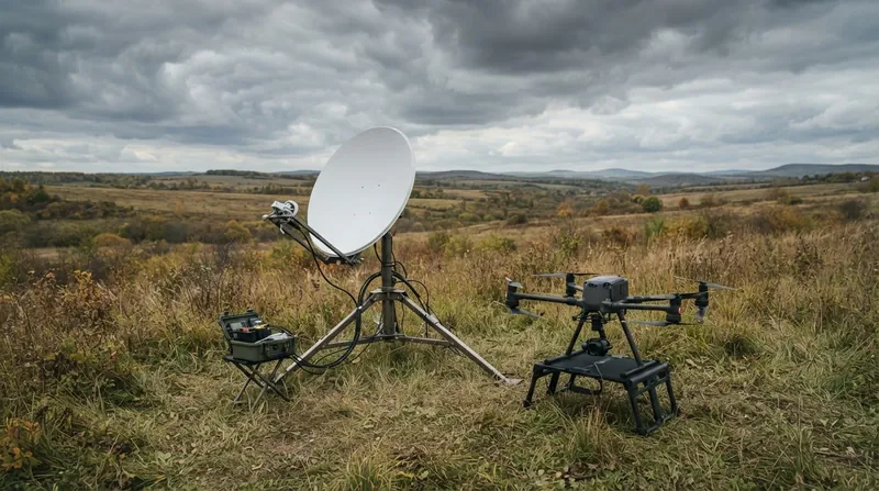 Illustration: High-speed interceptor drones require stable, low-latency satellite uplinks to successfully engage incoming targets.