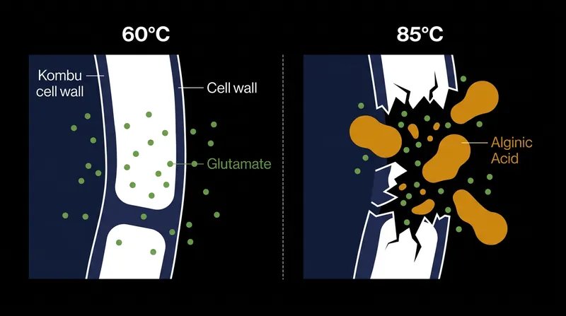 Heat above 80°C degrades the kelp's cellular structure, releasing larger, bitter molecules.