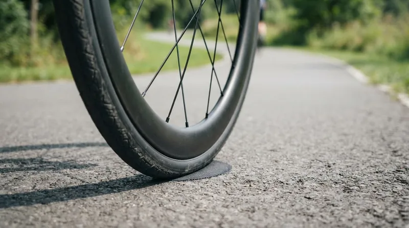 Close-up of a wide bicycle tire mounted on a carbon rim rolling on asphalt.