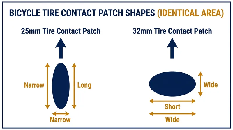 At equal pressure, a narrow tire creates a longer contact patch that forces more of the casing to deform as the wheel rolls.