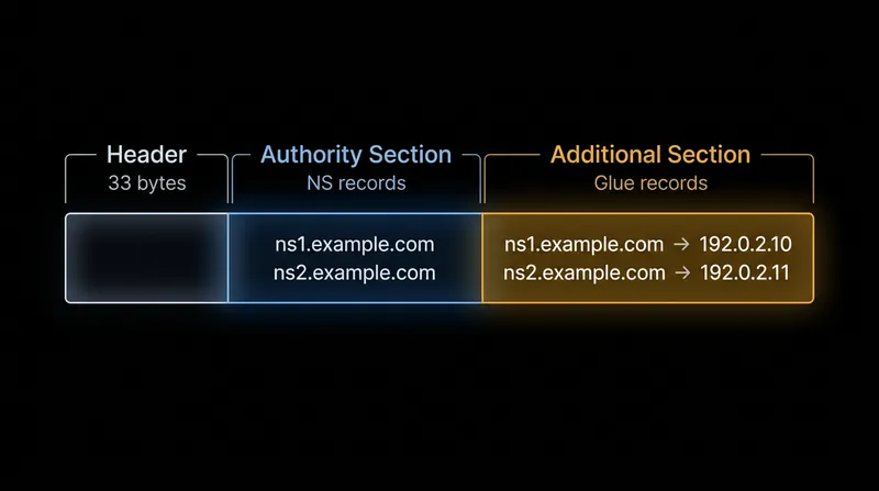 Glue records are appended to the 'Additional' section of a DNS referral response.