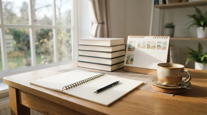 An adult professional studying for a certification exam at a modern desk with a tablet and textbooks.
