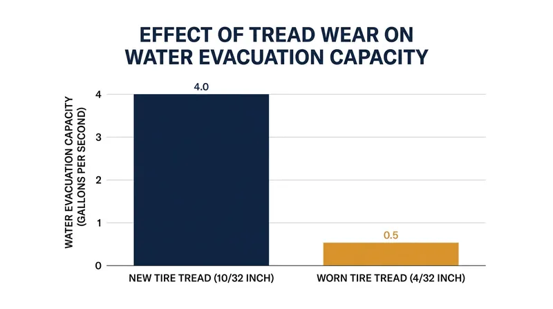 As tread depth decreases, a tire's ability to channel water away from the contact patch drops exponentially.